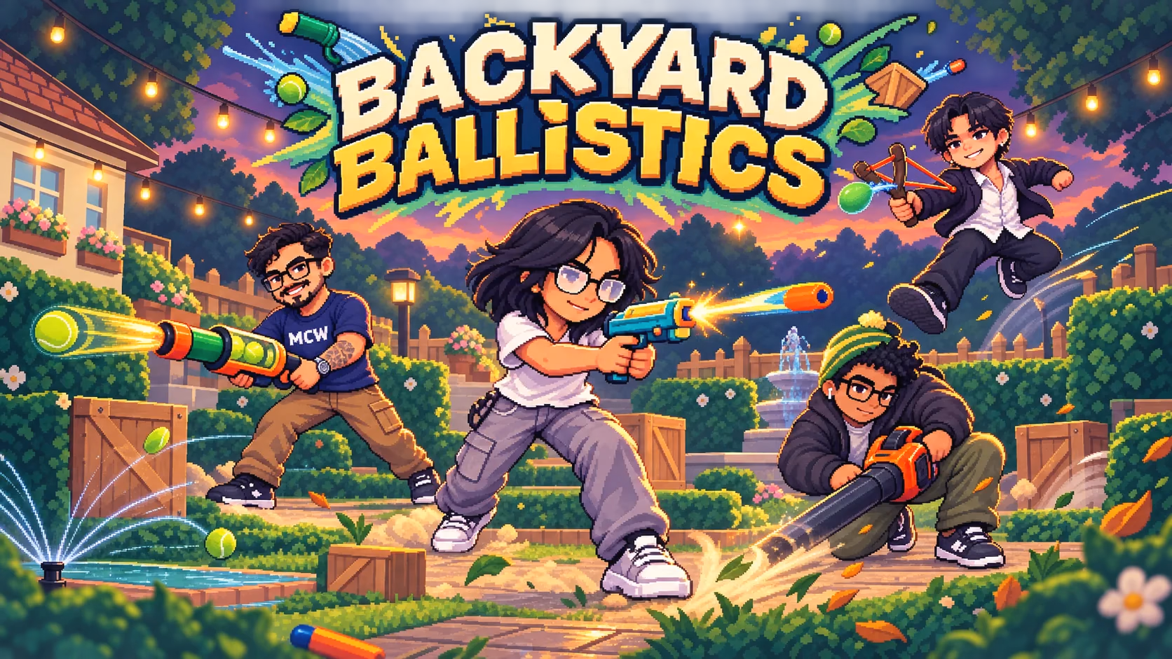 Backyard Ballistics pixel-art key image showing four players battling with playful garden tools and projectiles in a backyard arena.