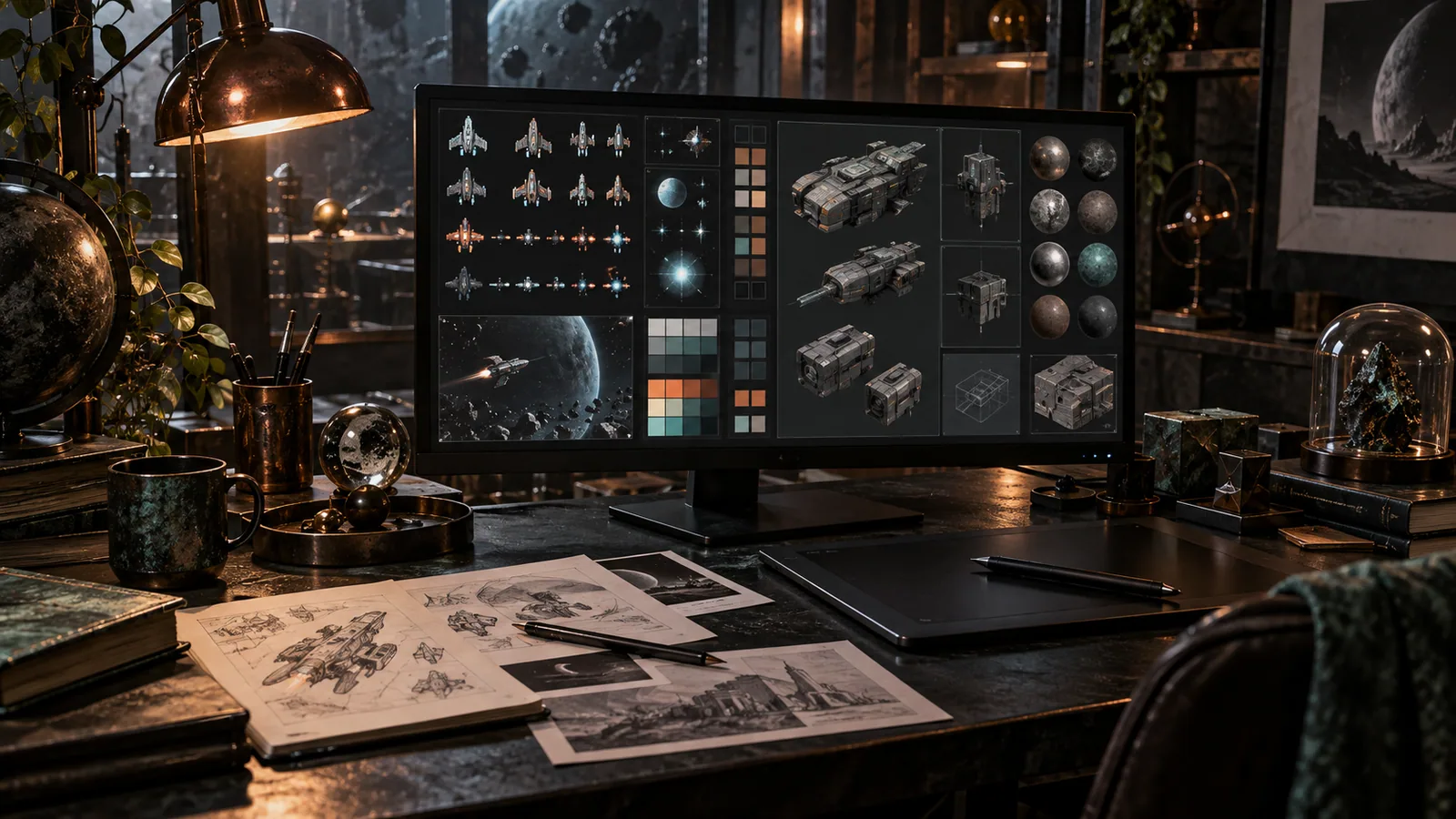 Illustrated game-art workstation representing Scene Lab